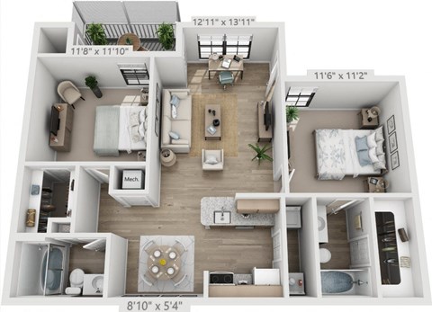 Floor plan for 2 beds, 2 baths, 957 sqft